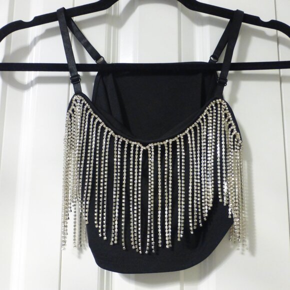 Black rhinestones strands Y2K style crop top with adjustable spaghetti s… - Picture 3 of 7